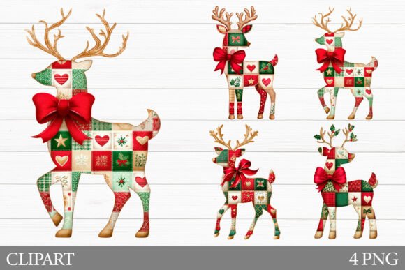 Christmas Patchwork Reindeer Clipart for Illustrations