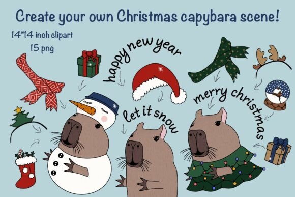 Cute Christmas Animals, Capybara Clipart for Illustrations