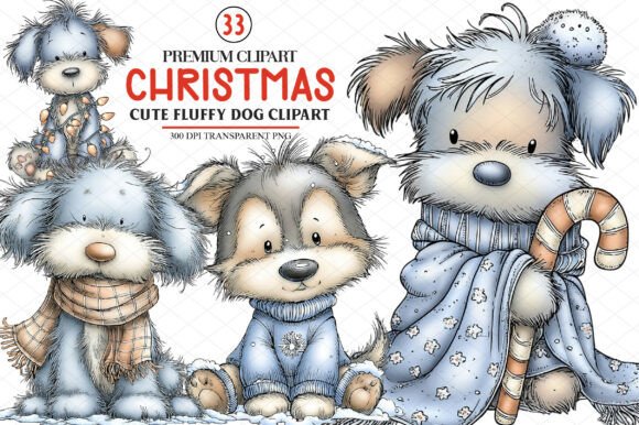 Cute Christmas Fluffy Dog Clipart for Illustrations