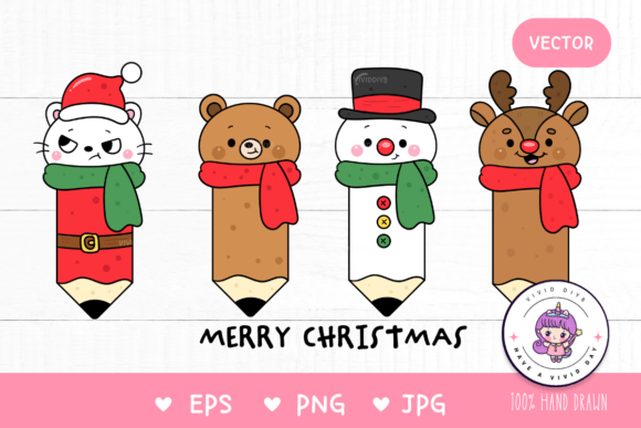 Cute Christmas Pencil Cat Kawaii Clipart in Illustrations
