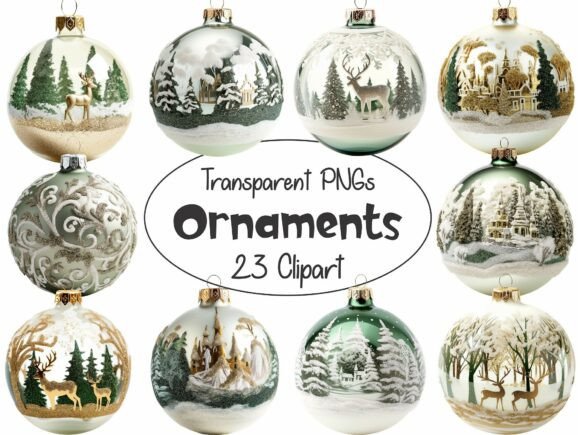 Glass Christmas Ornaments Green Gold Illustrations