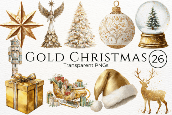 Gold Christmas Watercolor Clipart for Illustrations