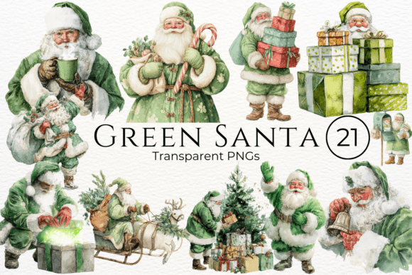 Green Santa Christmas Watercolor Clipart Review for Illustrations
