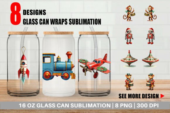Retro Christmas Tin Toy Glass Can Wrap Illustrations