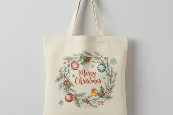 Robin Christmas Wreath Watercolor PNG in Illustrations