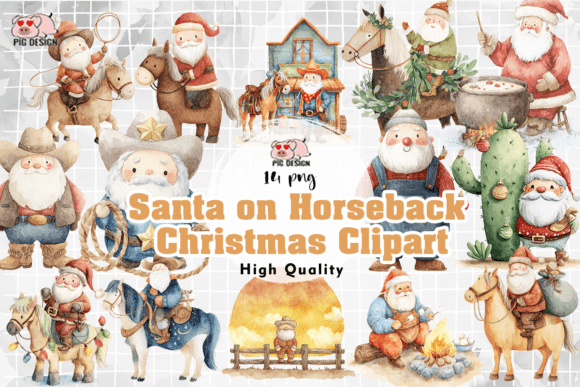 Santa on Horseback Christmas Clipart PNG for Illustrations and Blog Graphics